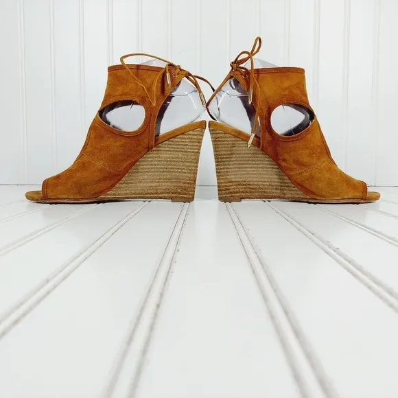 Aquazzura Sexy Thing Suede Wedge Sandal Cognac Brown Lace Back Heels B461