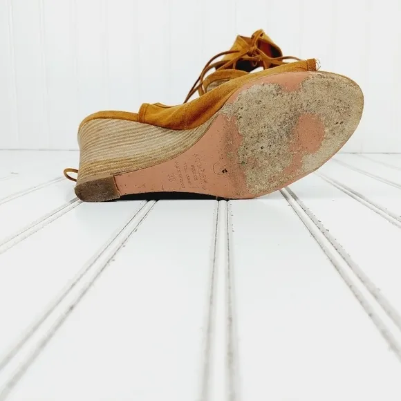 Aquazzura Sexy Thing Suede Wedge Sandal Cognac Brown Lace Back Heels B461