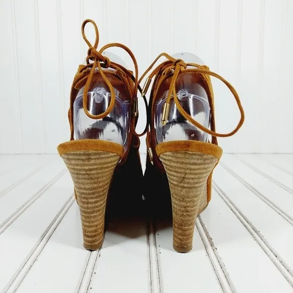 Aquazzura Sexy Thing Suede Wedge Sandal Cognac Brown Lace Back Heels B461