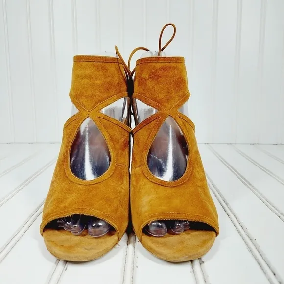Aquazzura Sexy Thing Suede Wedge Sandal Cognac Brown Lace Back Heels B461