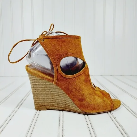 Aquazzura Sexy Thing Suede Wedge Sandal Cognac Brown Lace Back Heels B461