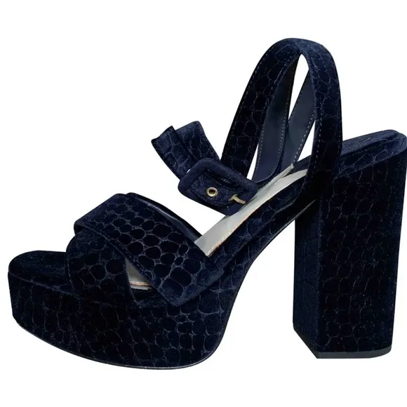 ASH Midnight “Boom”‎ Navy Blue Velvet Croc Embossed Platform Sandals Sz 39