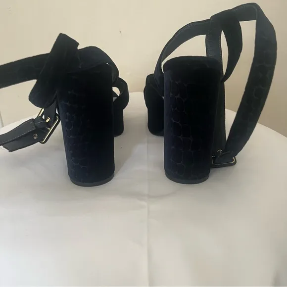 ASH Midnight “Boom”‎ Navy Blue Velvet Croc Embossed Platform Sandals Sz 39