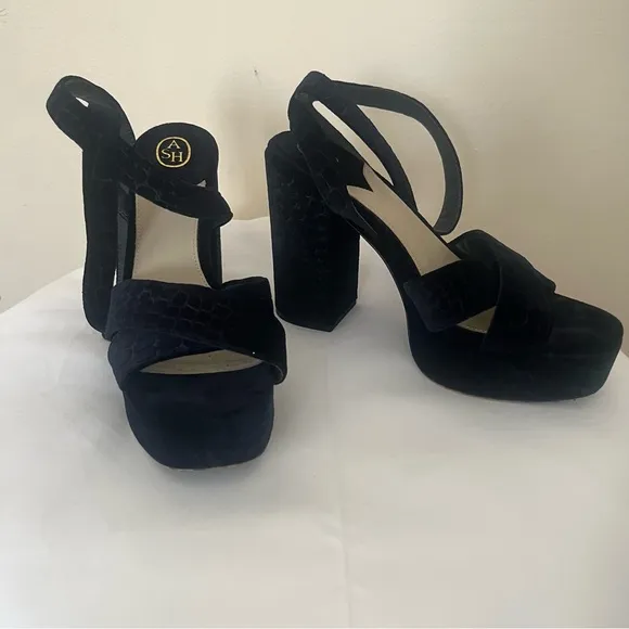 ASH Midnight “Boom”‎ Navy Blue Velvet Croc Embossed Platform Sandals Sz 39
