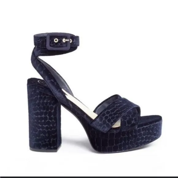 ASH Midnight “Boom”‎ Navy Blue Velvet Croc Embossed Platform Sandals Sz 39