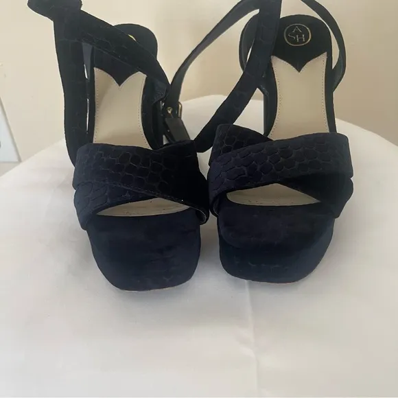 ASH Midnight “Boom”‎ Navy Blue Velvet Croc Embossed Platform Sandals Sz 39