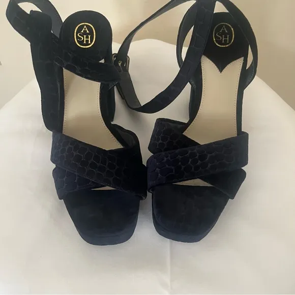 ASH Midnight “Boom”‎ Navy Blue Velvet Croc Embossed Platform Sandals Sz 39