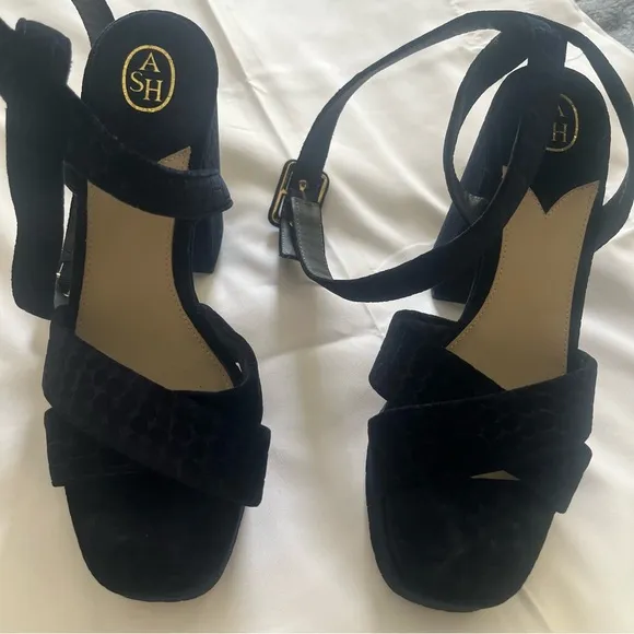 ASH Midnight “Boom”‎ Navy Blue Velvet Croc Embossed Platform Sandals Sz 39