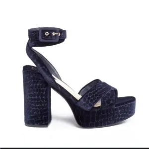 ASH Midnight “Boom”‎ Navy Blue Velvet Croc Embossed Platform Sandals Sz 39