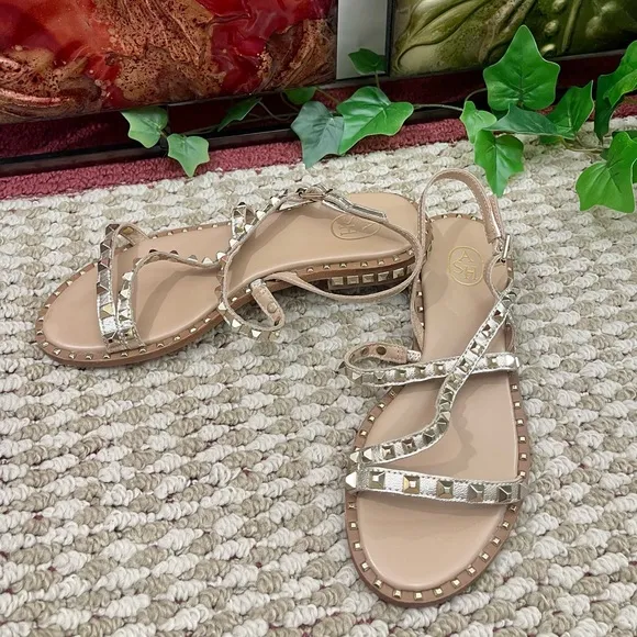 ASH Studded Leather Strappy Sandals in Ligth Gold  Size EU 36/ US 6