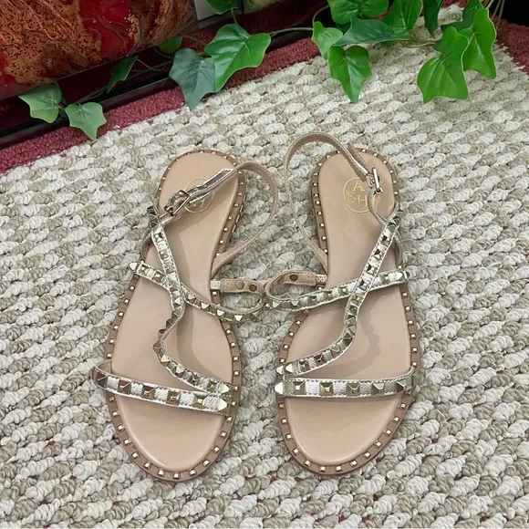 ASH Studded Leather Strappy Sandals in Ligth Gold  Size EU 36/ US 6