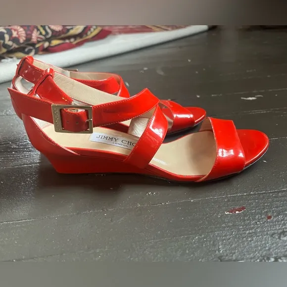 Authentic Jimmy Choo flame red Patent Leather wedge sandals size 36.5 or 5.5