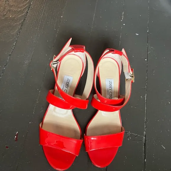 Authentic Jimmy Choo flame red Patent Leather wedge sandals size 36.5 or 5.5
