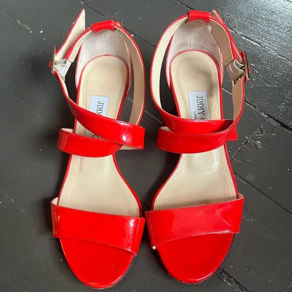 Authentic Jimmy Choo flame red Patent Leather wedge sandals size 36.5 or 5.5