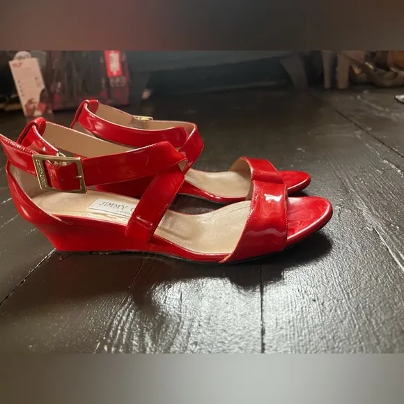 Authentic Jimmy Choo flame red Patent Leather wedge sandals size 36.5 or 5.5