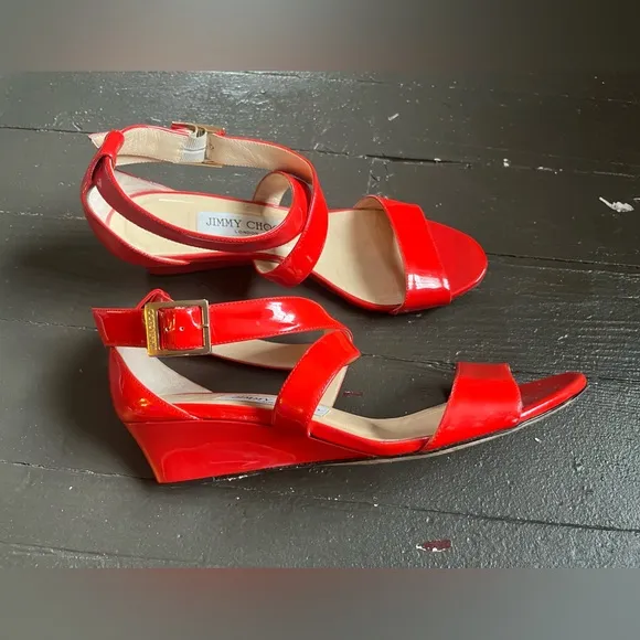 Authentic Jimmy Choo flame red Patent Leather wedge sandals size 36.5 or 5.5