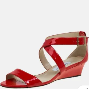 Authentic Jimmy Choo flame red Patent Leather wedge sandals size 36.5 or 5.5