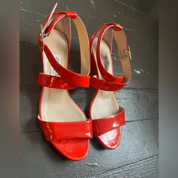 Authentic Jimmy Choo flame red Patent Leather wedge sandals size 36.5 or 5.5