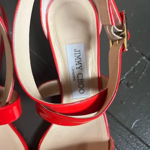 Authentic Jimmy Choo flame red Patent Leather wedge sandals size 36.5 or 5.5