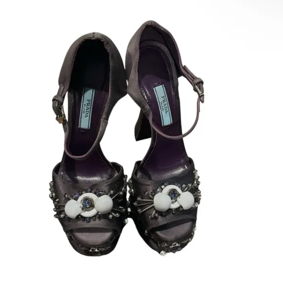 Authentic Prada luxury designer runway satin embellished platform heels sz 8