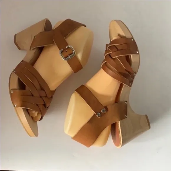 Authentic Valerie Salacroux designer brown leather wooden clog sandals sz 10