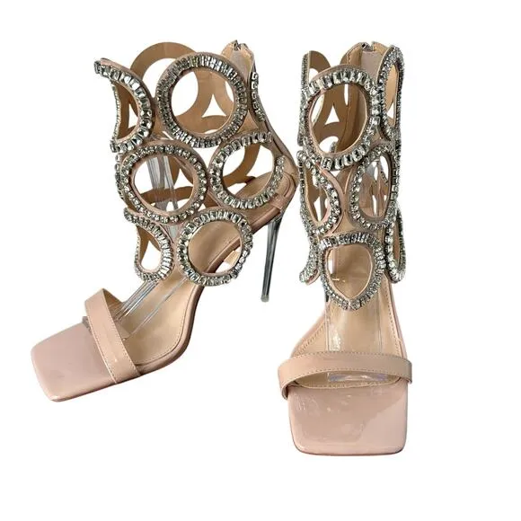 AZALEA WANG Women’s Nude Cut Out Caged Rhinestones Stiletto Sandals Size 10 NWOT