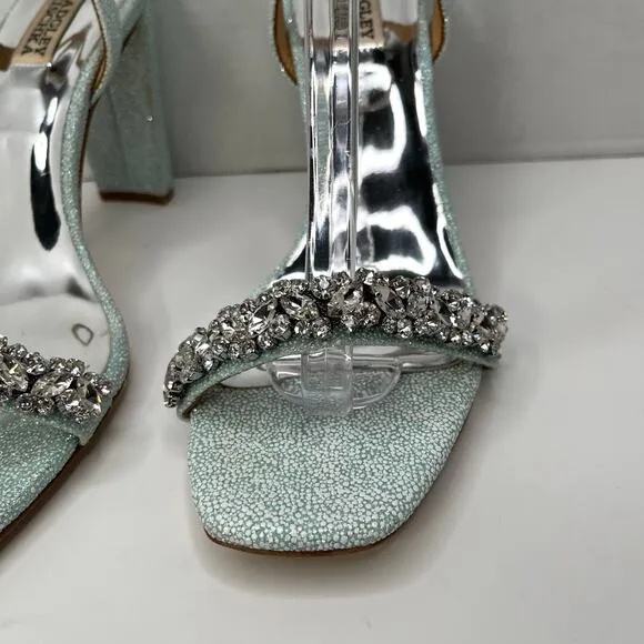 Badgley Mischka Aqua Tasmine Rhinestone Ankle Strap Square Toe Heeled Sandal 9