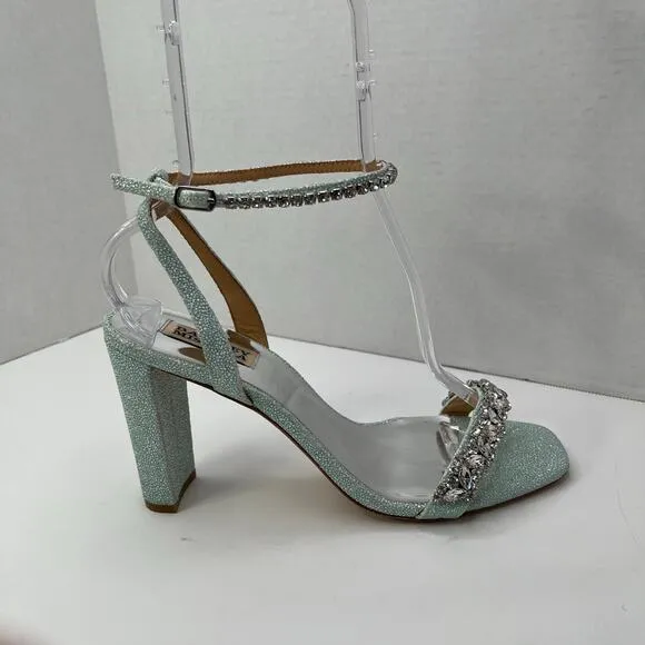 Badgley Mischka Aqua Tasmine Rhinestone Ankle Strap Square Toe Heeled Sandal 9