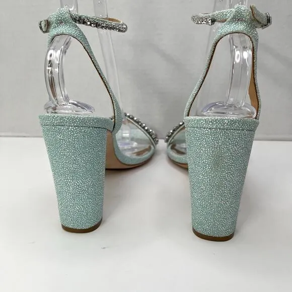 Badgley Mischka Aqua Tasmine Rhinestone Ankle Strap Square Toe Heeled Sandal 9