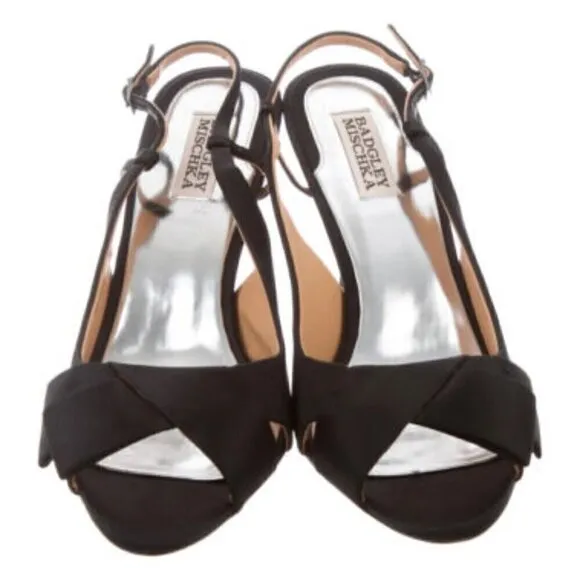 BADGLEY MISCHKA Black Satin Peep Toe Sandals - Size: 10 -
