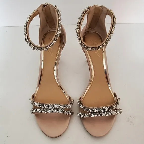 Badgley Mischka Caroline blush satin jewel Embellished ankle strap Shoe 8.5