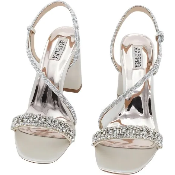 Badgley Mischka Naomi Heeled Sandal, Elegant Ivory Satin - Size 11 US