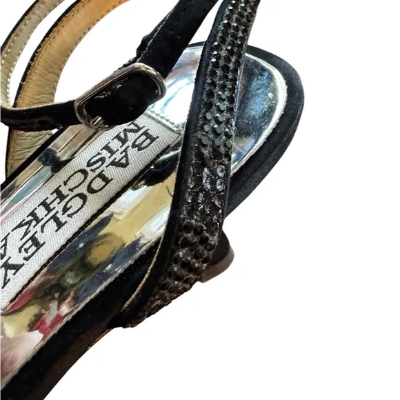 Badgley Mischka Rhinestone Remi Ankle Strap Sandals Black Satin Size 6.5 NWT