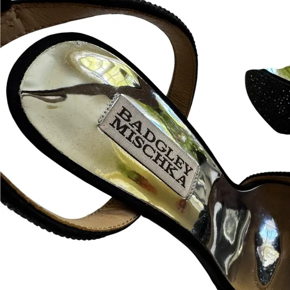 Badgley Mischka Rhinestone Remi Ankle Strap Sandals Black Satin Size 6.5 NWT