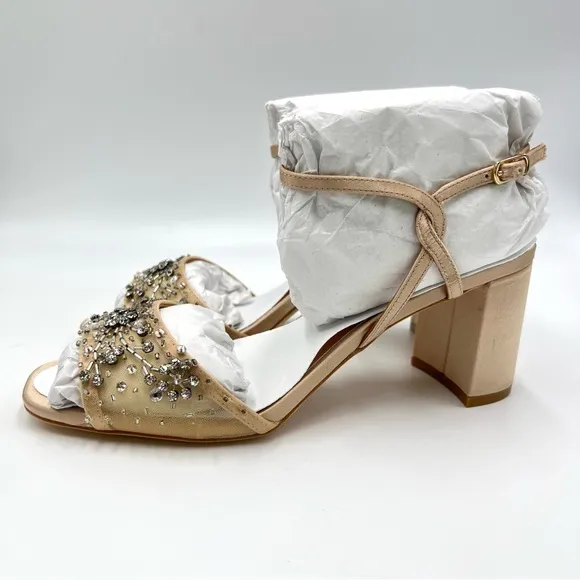 Badgley Mischka Womens Blaine Latte Satin Jeweled Dress Sandals Heels Shoes 7.5