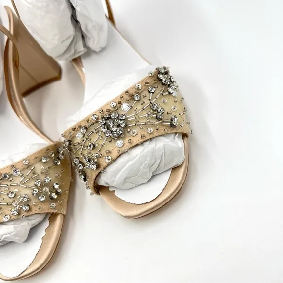 Badgley Mischka Womens Blaine Latte Satin Jeweled Dress Sandals Heels Shoes 7.5