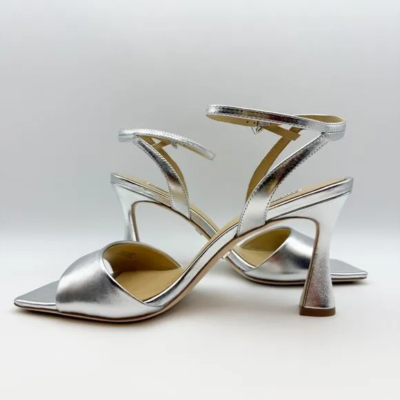 Badgley Mischka Women's Cady Sandals 9.5 Silver Leather Square Toe High Heel NIB