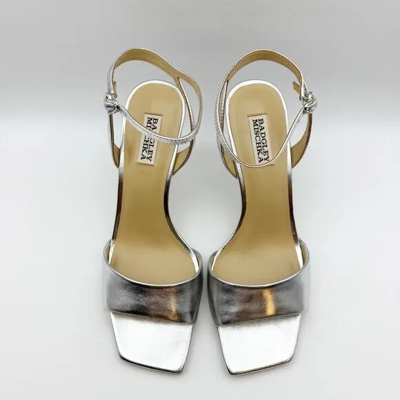 Badgley Mischka Women's Cady Sandals 9.5 Silver Leather Square Toe High Heel NIB