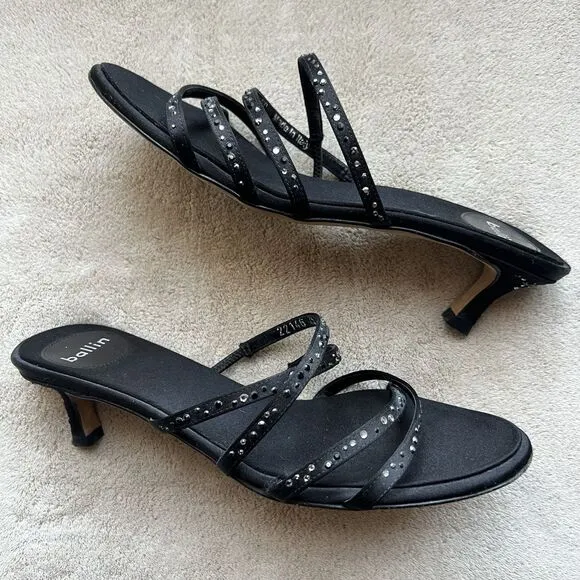 Ballin Black Satin &amp; Rhinestones Slide Strappy Sandal Women EU 35 US 5 Low Heel
