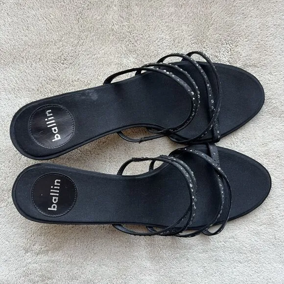 Ballin Black Satin &amp; Rhinestones Slide Strappy Sandal Women EU 35 US 5 Low Heel