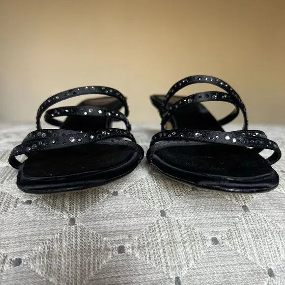 Ballin Black Satin &amp; Rhinestones Slide Strappy Sandal Women EU 35 US 5 Low Heel
