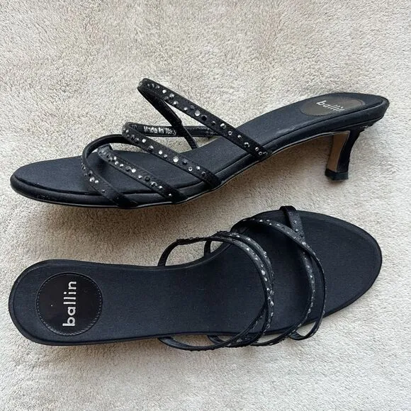Ballin Black Satin &amp; Rhinestones Slide Strappy Sandal Women EU 35 US 5 Low Heel