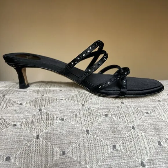 Ballin Black Satin &amp; Rhinestones Slide Strappy Sandal Women EU 35 US 5 Low Heel