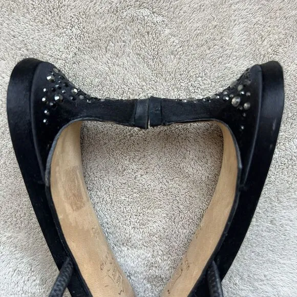Ballin Black Satin &amp; Rhinestones Slide Strappy Sandal Women EU 35 US 5 Low Heel