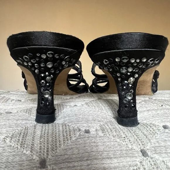 Ballin Black Satin &amp; Rhinestones Slide Strappy Sandal Women EU 35 US 5 Low Heel