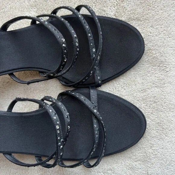 Ballin Black Satin &amp; Rhinestones Slide Strappy Sandal Women EU 35 US 5 Low Heel