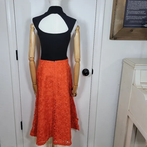 Banana Republic Red Orange Eyelet Floral Midi Skirt Size 10
