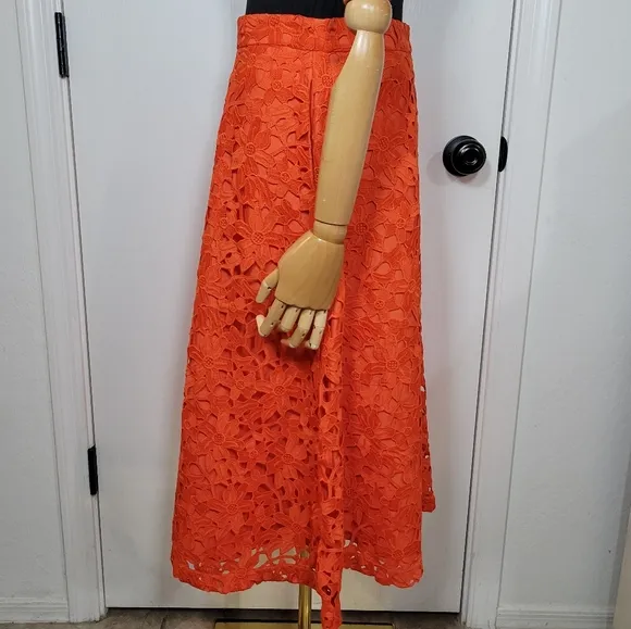Banana Republic Red Orange Eyelet Floral Midi Skirt Size 10