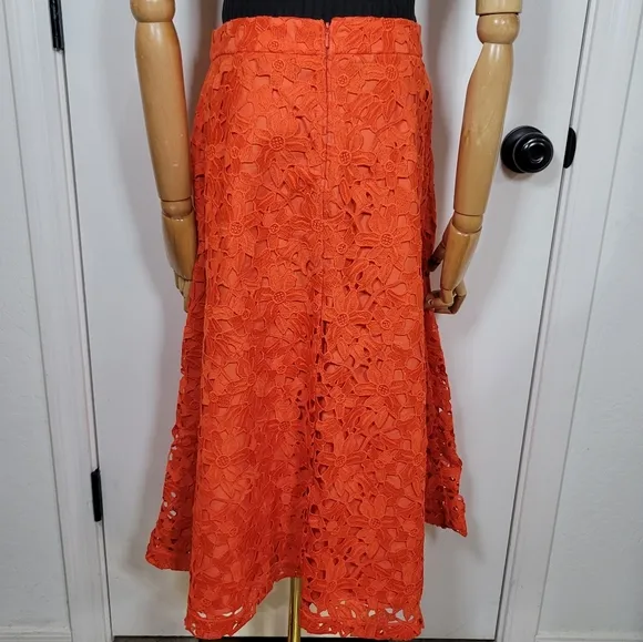 Banana Republic Red Orange Eyelet Floral Midi Skirt Size 10