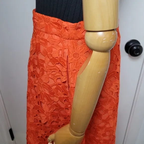 Banana Republic Red Orange Eyelet Floral Midi Skirt Size 10